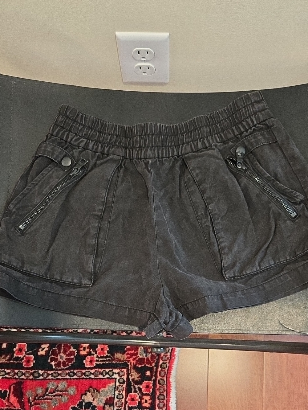 Alice + Olivia Black High-Waist Elastic Shorts with Zip Pockets